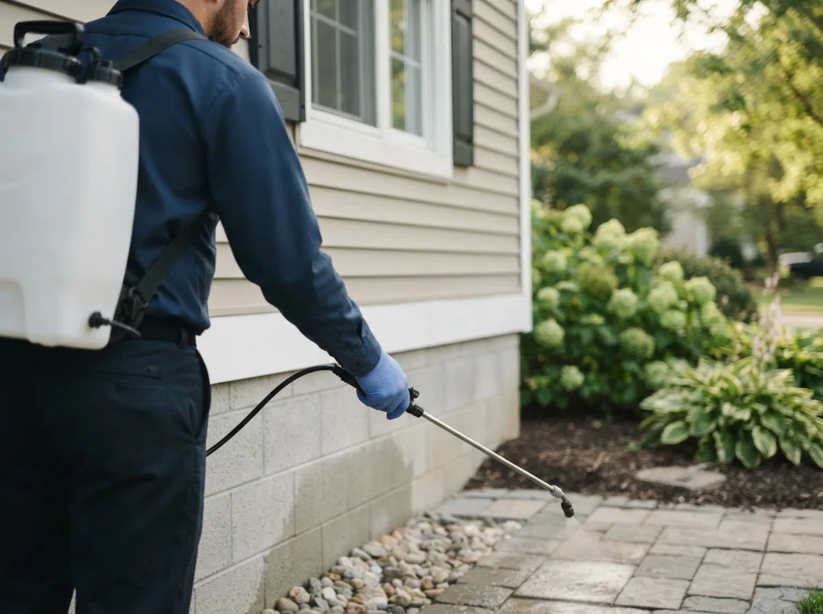 Pest control technician inspecting a home in Middlebourne, WV